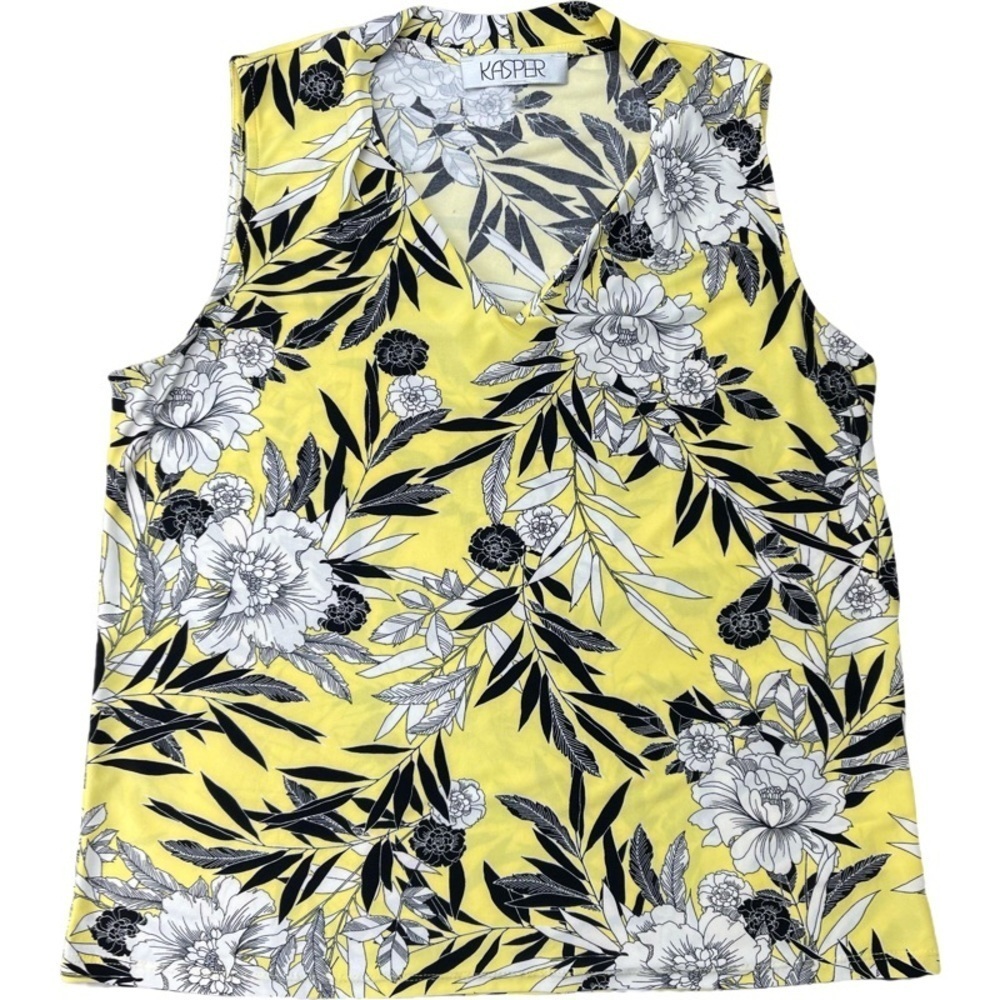 ✅ NWOT KASPER Yellow Floral Print suit Sleeveless jersey Blouse top size S